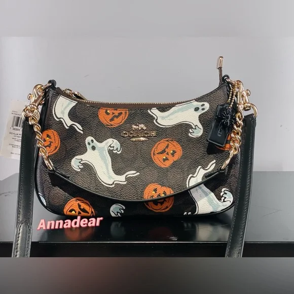 NWT Coach Teri Shoulder Bag In Signature Canvas Pumpkin Halloween Print CCE71 - Picture 7 of 15
